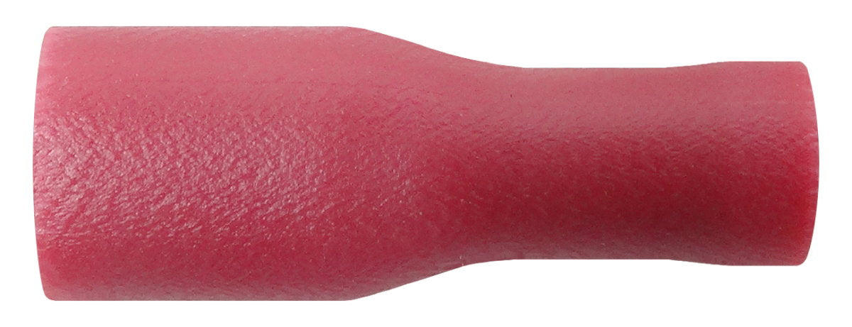 Red 4.8mm fully insulated female spade terminals for 0.5–1.5mm² cable