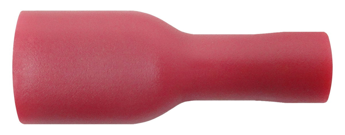 Red 6.3mm fully insulated female spade terminals for 0.5–1.5mm² cable